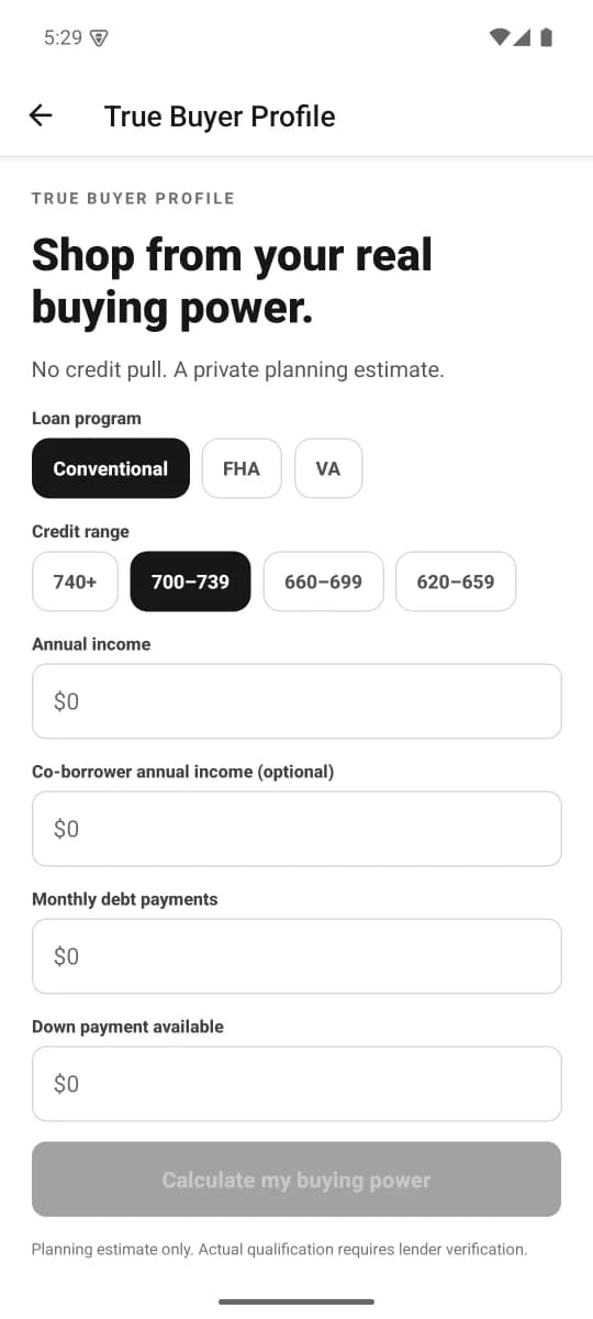 Ready Front Real Estate True Buyer Profile planning tool with blank financial inputs