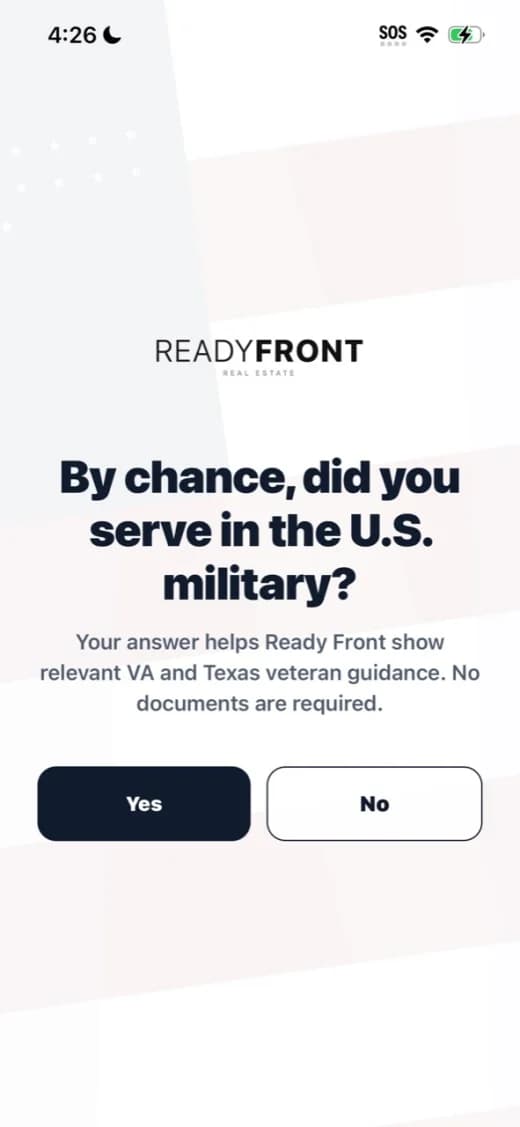 Ready Front Real Estate app veteran onboarding choice for relevant VA and Texas veteran guidance