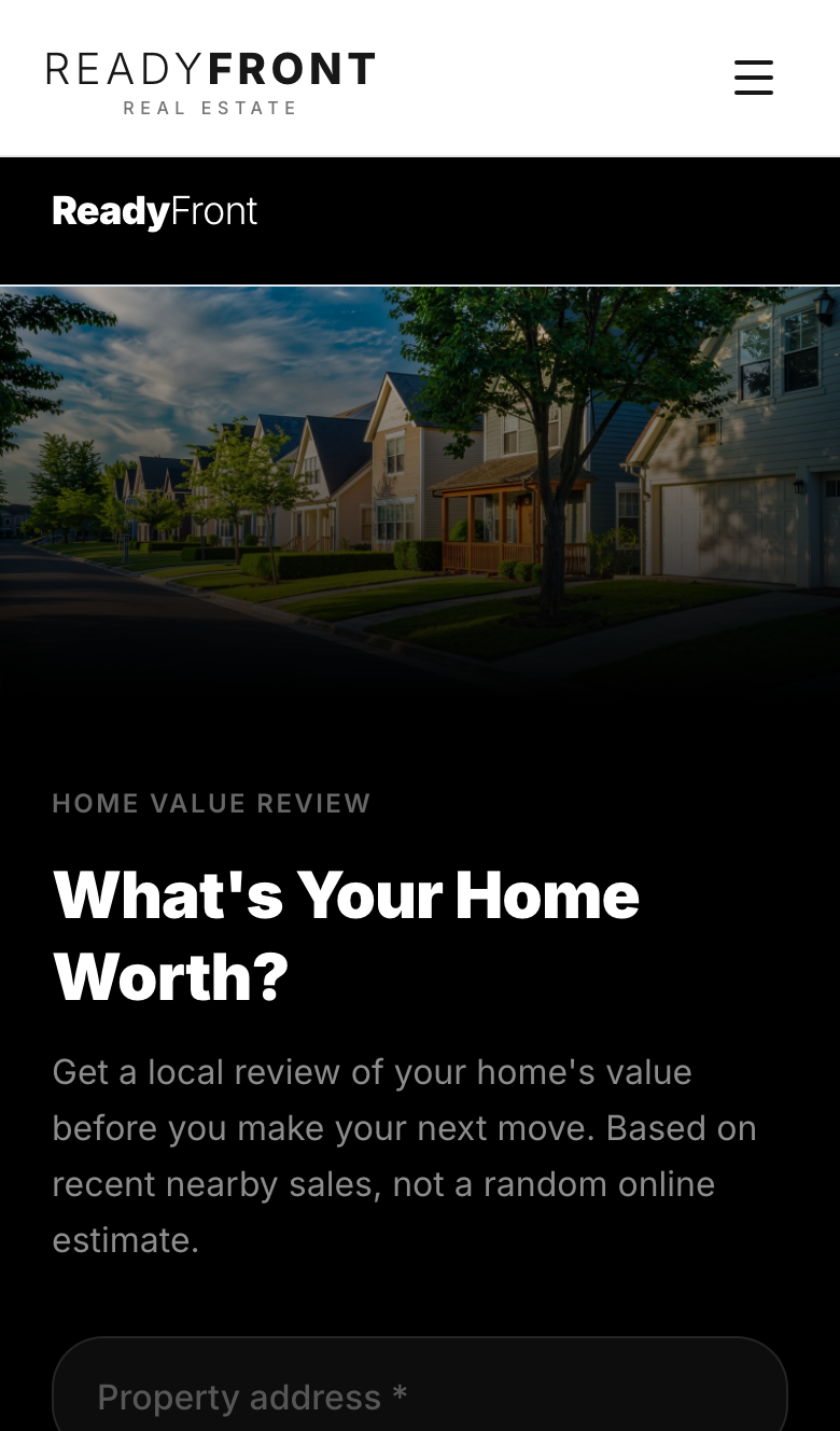 What's my home worth on the Ready Front Real Estate website, on a phone